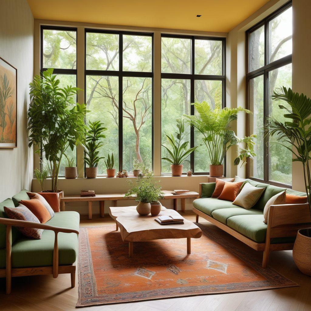 A serene room adorned with nature-inspired decor, featuring vibrant green plants, earthy wooden furniture, and flowing textiles in soft, natural colors. Sunlight streams through large windows, casting gentle shadows, creating an inviting atmosphere. Include decorative elements like stone sculptures and botanical prints, emphasizing sustainability. The overall vibe is tranquil and revitalizing, celebrating harmony between modern living and nature. super-realistic. warm tones. bright accents.