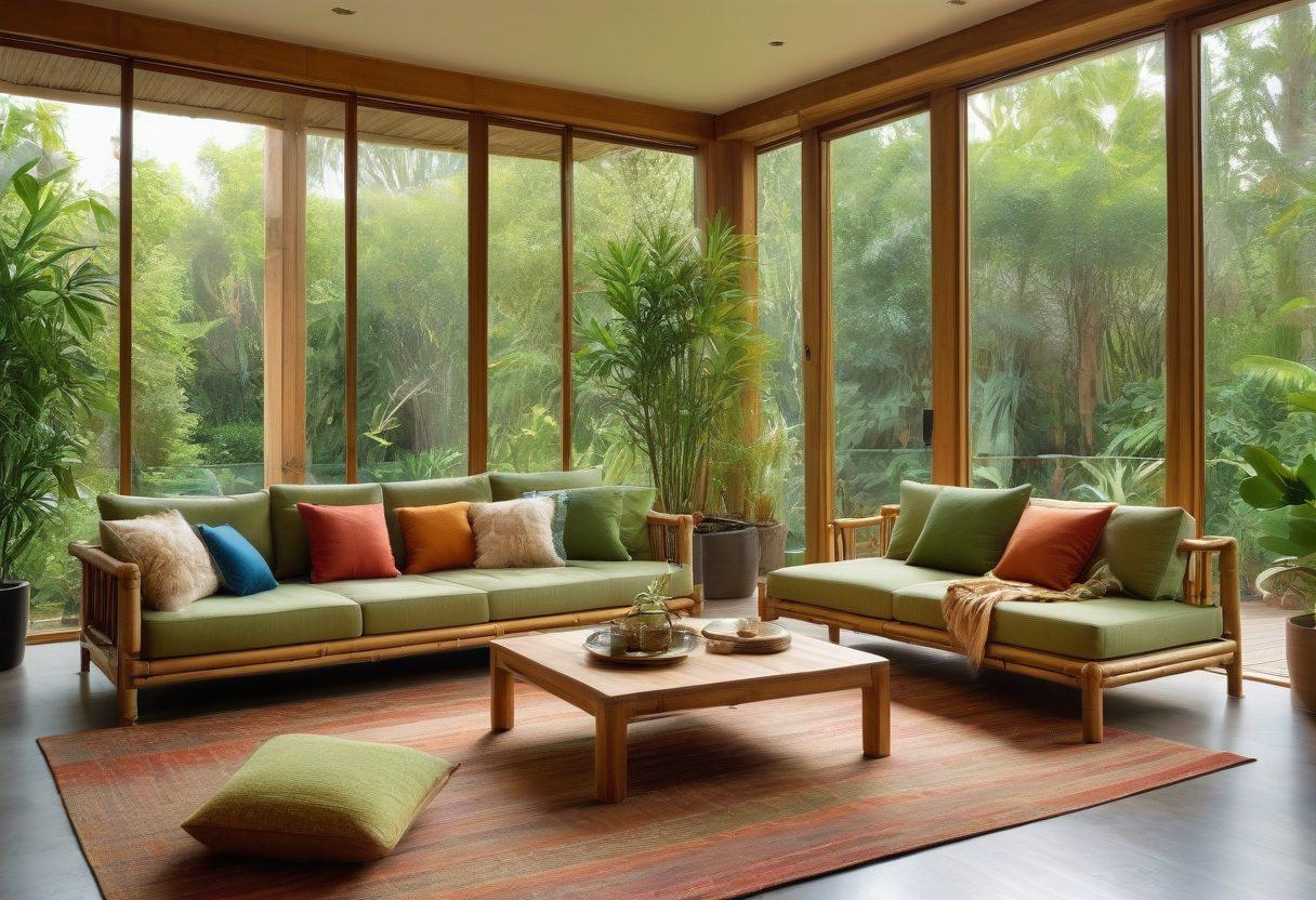 A stylish living room with eco-friendly decor featuring sustainable materials like bamboo furniture, plants, and natural fiber textiles. Soft natural light streams through large windows showcasing an outdoor green space, and decorative elements like recycled art pieces enhance the elegance of the room. Include earthy tones and textures to convey a warm and inviting atmosphere. super-realistic. vibrant colors. bright background.
