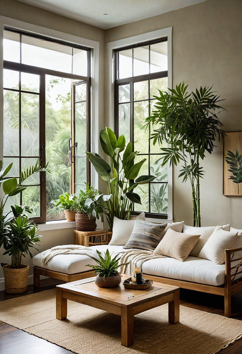 A serene living space adorned with elegant eco-friendly decor, featuring lush indoor plants, sustainable wood furniture, and soft, earthy textiles. Natural light streams through large windows, highlighting handcrafted decor items made from recycled materials. A cozy nook with an organic cotton throw and a bamboo coffee table invites tranquility. Artistic plant arrangements and minimalistic design elements convey sophistication with an eco-conscious twist. super-realistic. vibrant colors. soft natural lighting.